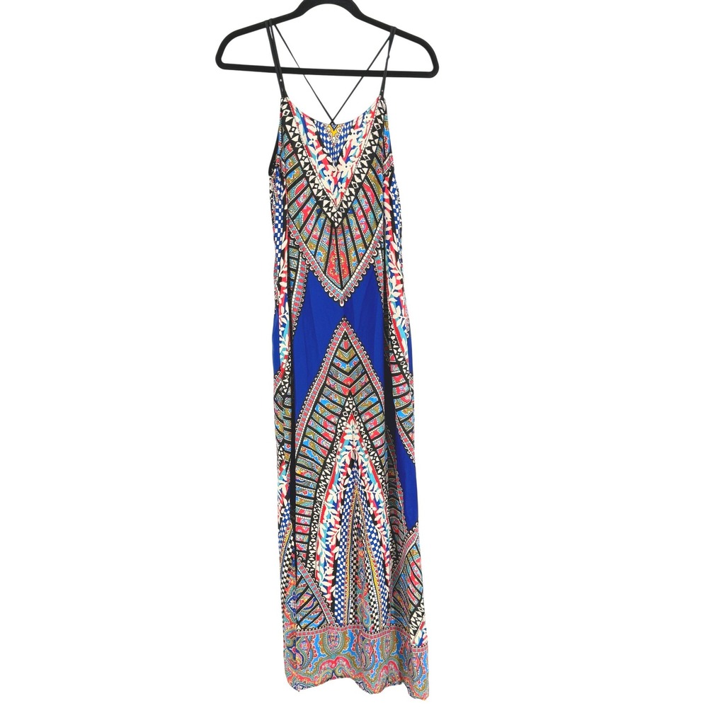 Anthropologie Graylin Y2K Boho Maxi Paisley Dress Blue Crisscross Bk sz M Women